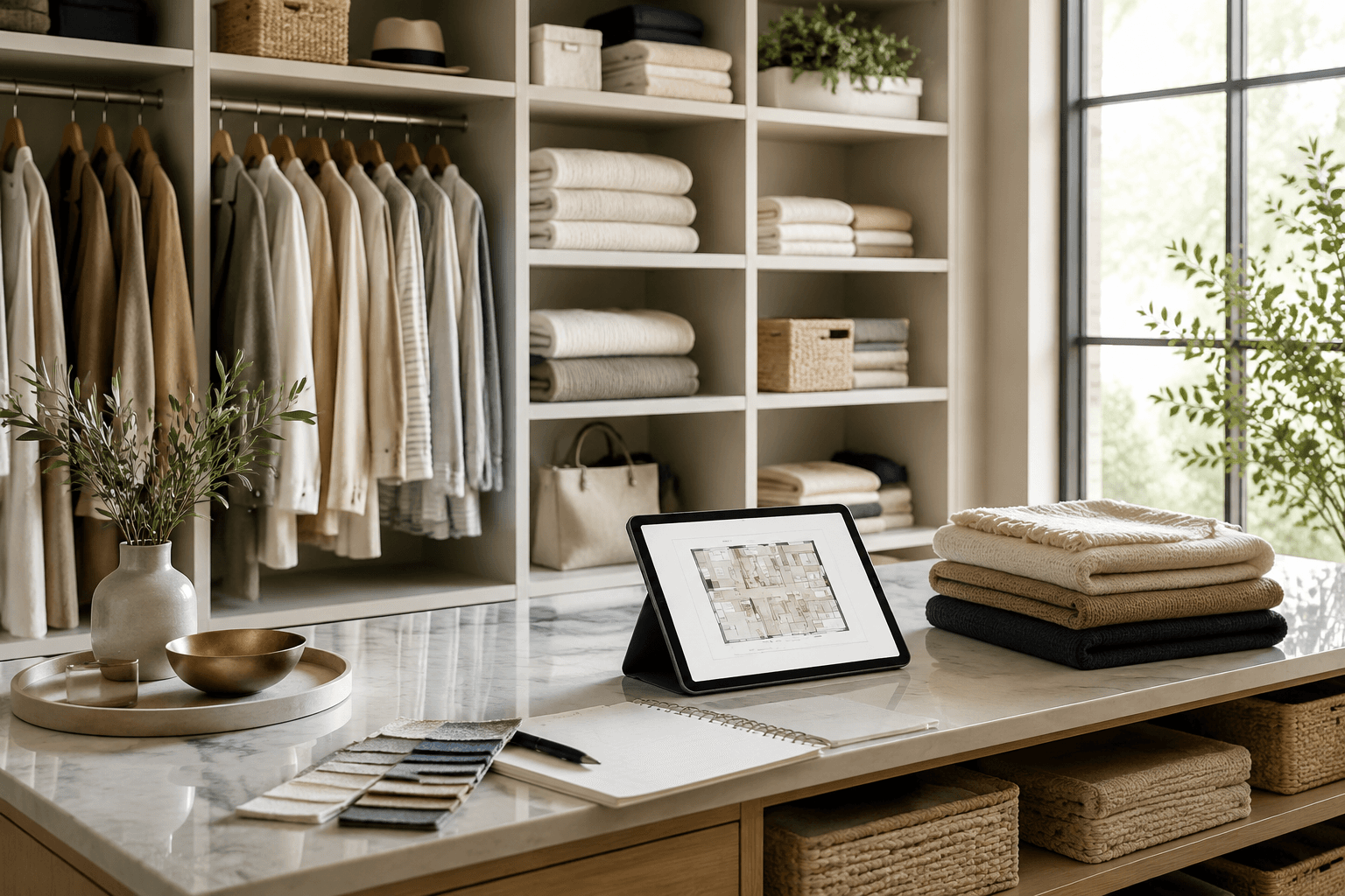 Closet reset planning desk with wardrobe organization materials