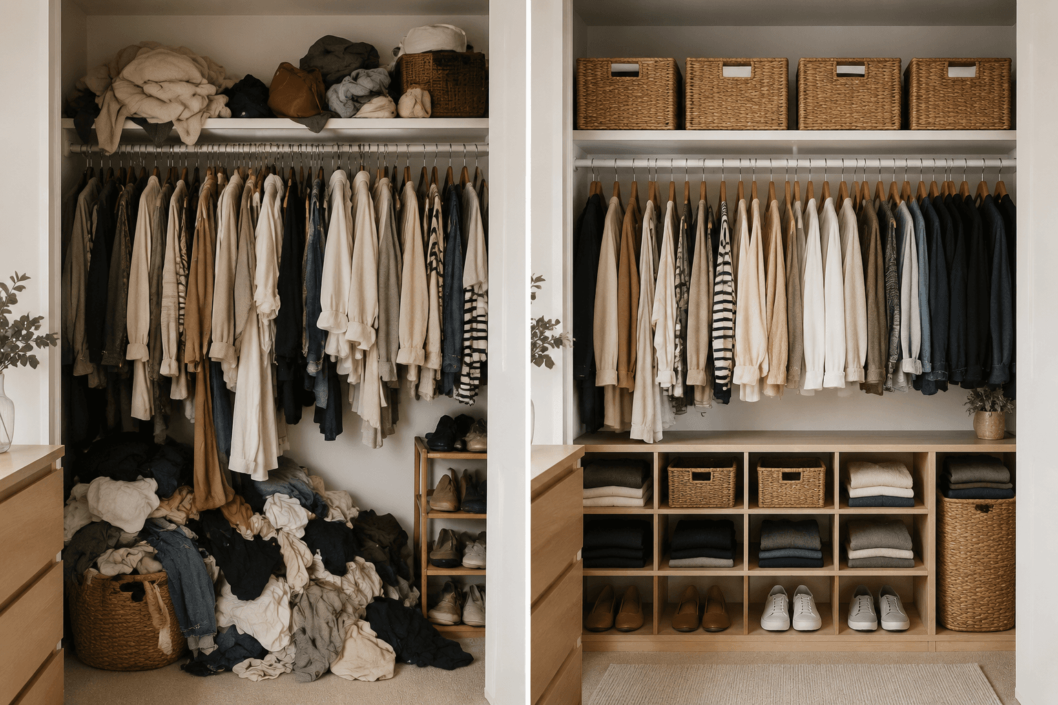 Before and after closet organization comparison
