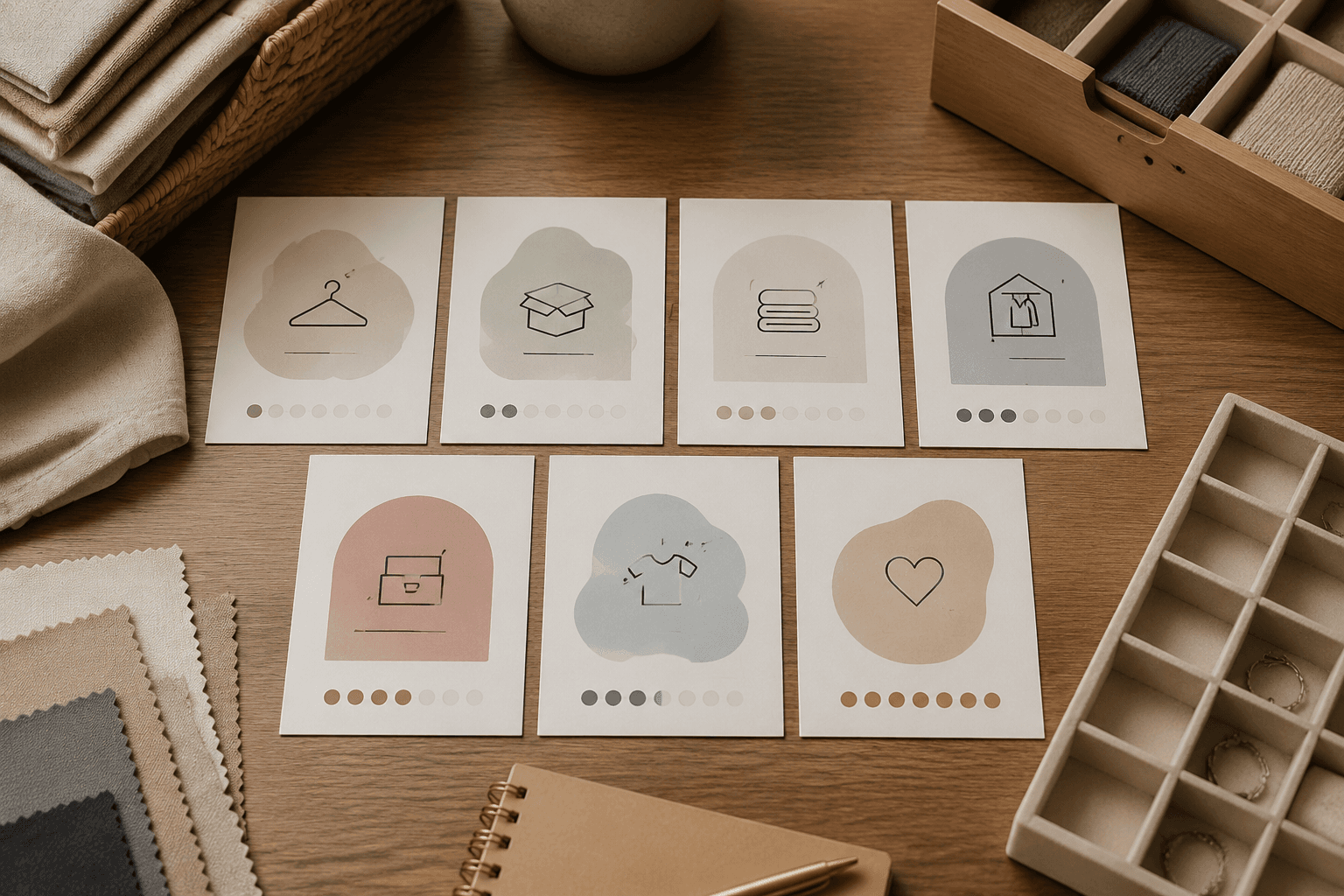 Seven day closet reset calendar cards with organizing supplies