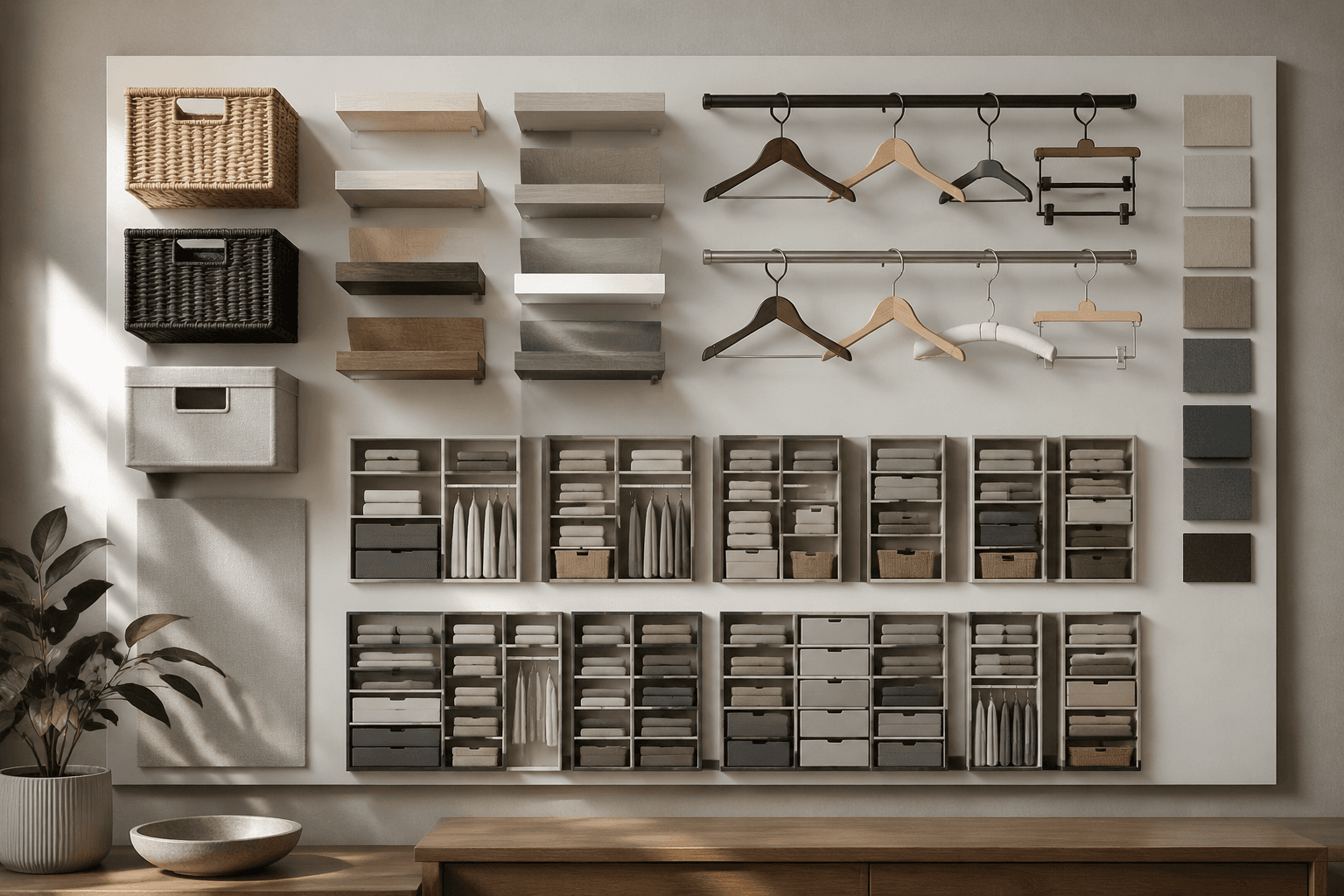 Storage estimate board with baskets, shelf samples and organizer cards